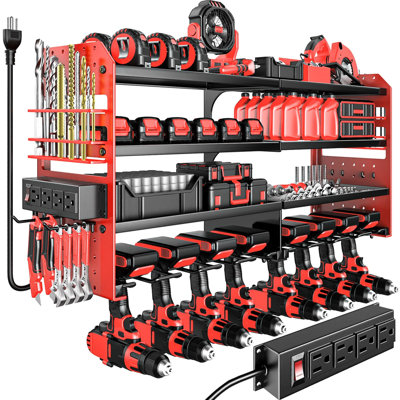 Power Tool Organizer Wall Mount with Charging Station, Metal Cordless Tool Organizer, Tool Storage Rack with 8 Cordless Drill Holder Screwdriver Hammer, 4 Layer, (Red)