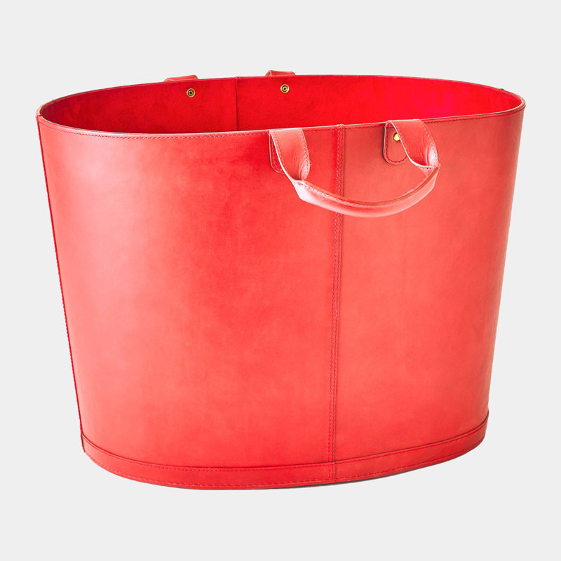 Oversized Oval Leather Basket-Deep Red, Red
