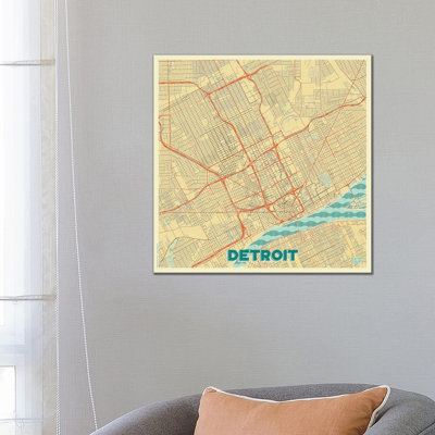 Detroit Retro Urban Blueprint Map 1 Piece Wrapped Canvas Wall Art