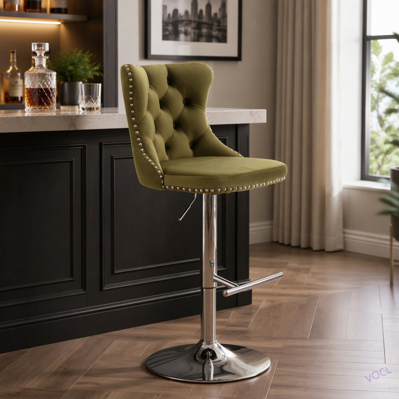 Tabourets de bar pivotants en velours à hauteur de siège réglable de 25 à 33 pouces, tabourets de bar modernes à base chromée avec dossier capitonné confortable pour un pub à la maison et un îlot de cuisine, ensemble de 2