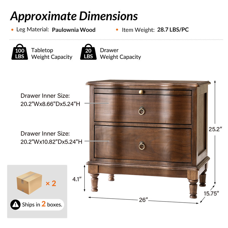 Elfine Traditional 26''W 2-Drawer Solid Wood End Table with Built-In Outlet and Curved Drawer Fronts, Walnut