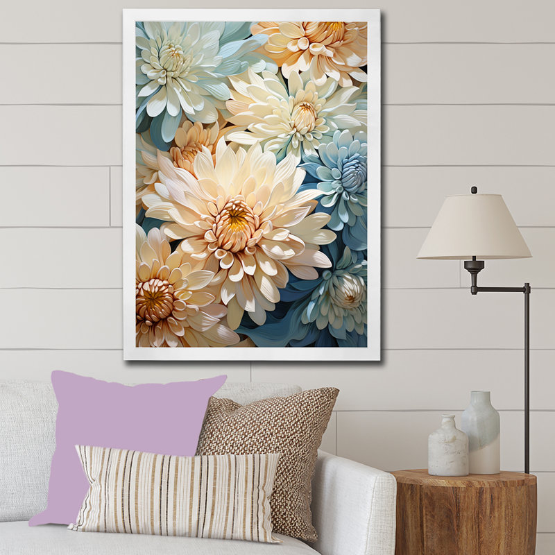 «Blue and White Mums Flowers Elegance», reproduction sur toile, 32" H x 16" W, Cadre photo noir
