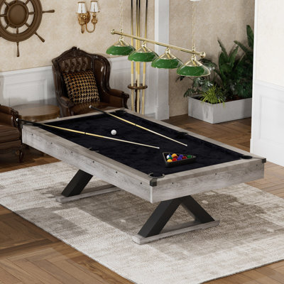 84" Pool Table With Billiard Balls, Cues, Pool Cue Chalk, Cleaning Brush, X-Legs, Black Cloth, Rustic Grey,84.1"L X 46.5"W X 32"H