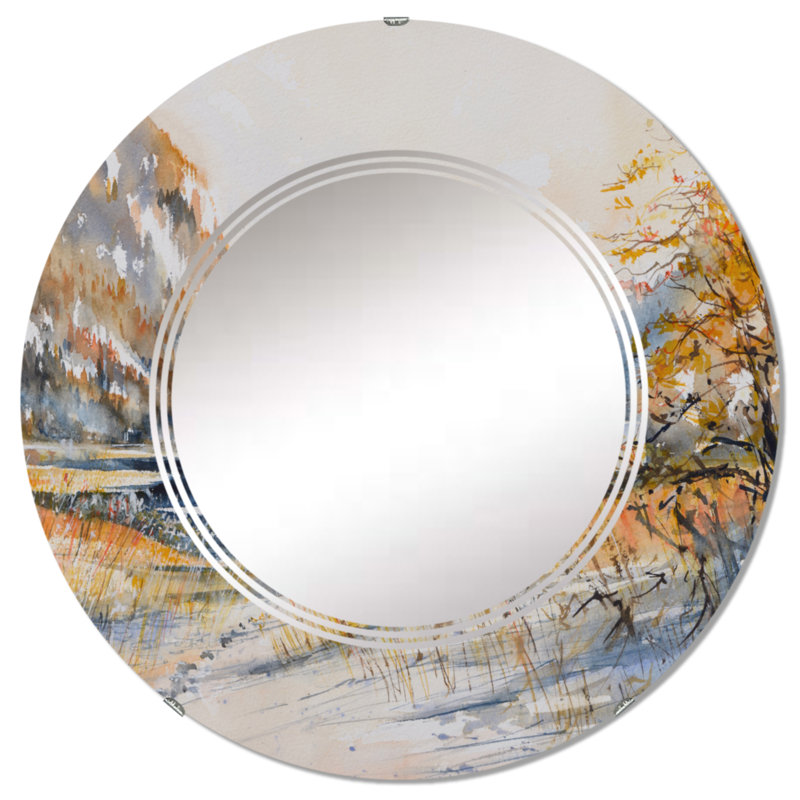 Paysage d'hiver avec lac de montagne - Miroir mural traditionnel rond, 24 po x 24 po