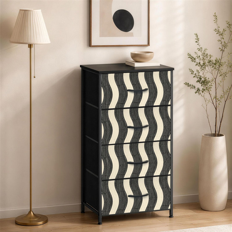 Commode à 4 tiroirs pour chambre à coucher avec lignes abstraites noires et ondulées crème à motif géométrique moderne, petite et grande commode à vêtements pour commode avec commode