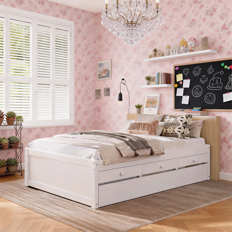 Lit plateforme double avec lit gigogne, Double, Blanc