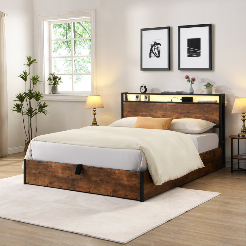 Storage Bed In Full, Rustic Brown With Bookcase Headboard & Energy Led Lights Platform Compartment, Waterproof, Full