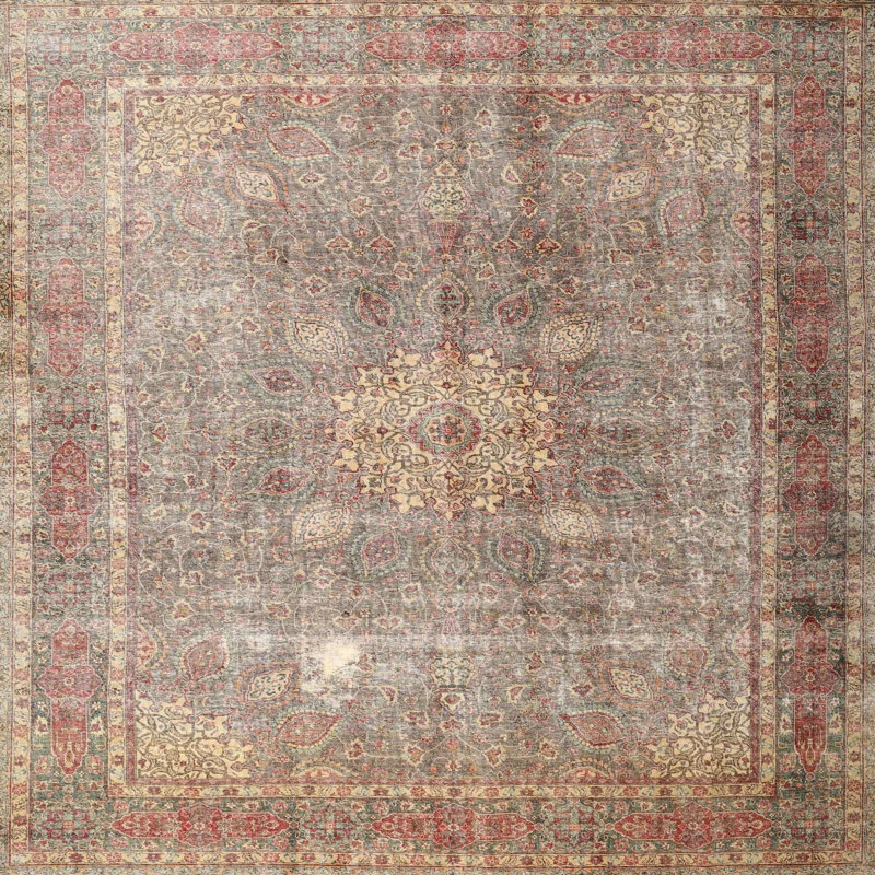 Tapis traditionnel rouge / vert Naiya, Carré 3 pi