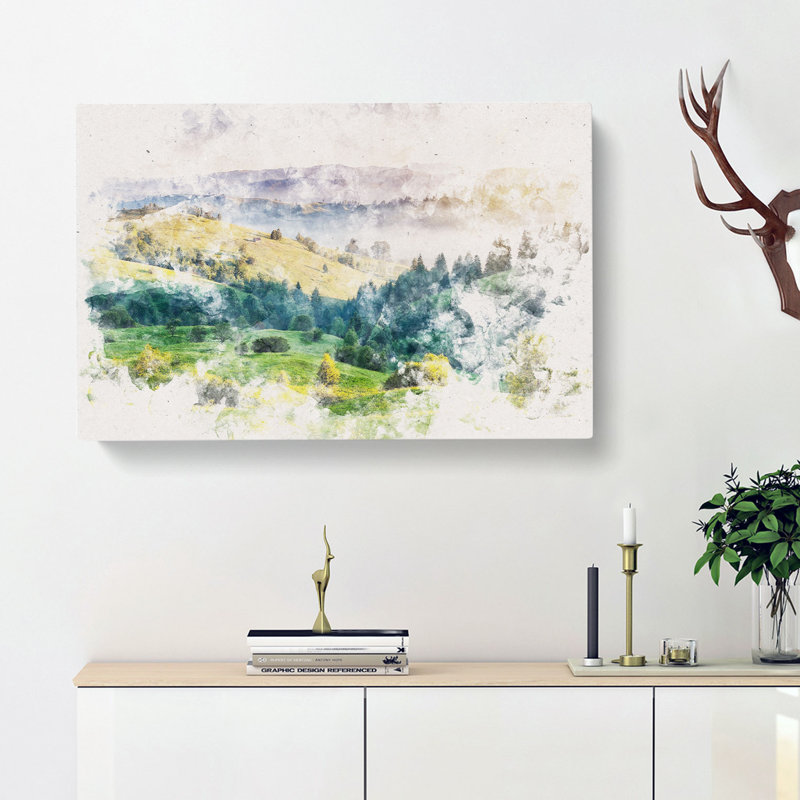 Rolling Hills Of India Watercolour - Wrapped Canvas Print, 40cm H x 60cm W x 3cm D