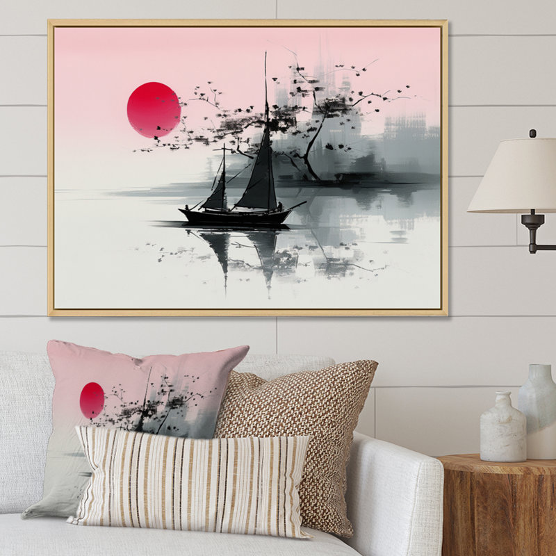 Art asiatique, voilier Sumi I - impression, Cadre naturel flottant, H 34 po x l 44 po x P 1,5 po