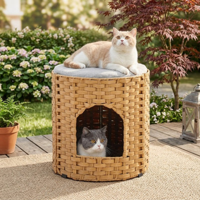 Grand rotin double tissé à la main pour chat, lit pour chat avec un coussin souple, cachette pliable pour chaton, naturel, 17 x 17 x 17 po