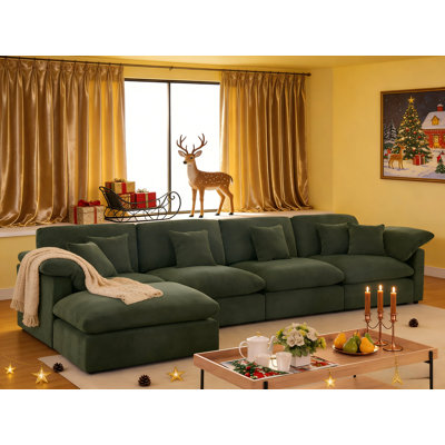 Canapé modulaire surdimensionné en L en chenille de 153 po avec canapé modulaire en L en chenille avec repose-pieds et coussin vert