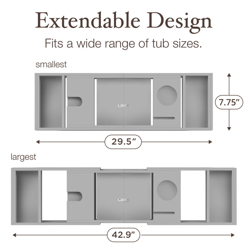 Bamboo Bathtub Tray Caddy – Gray, Expandable to 41.5, Gray