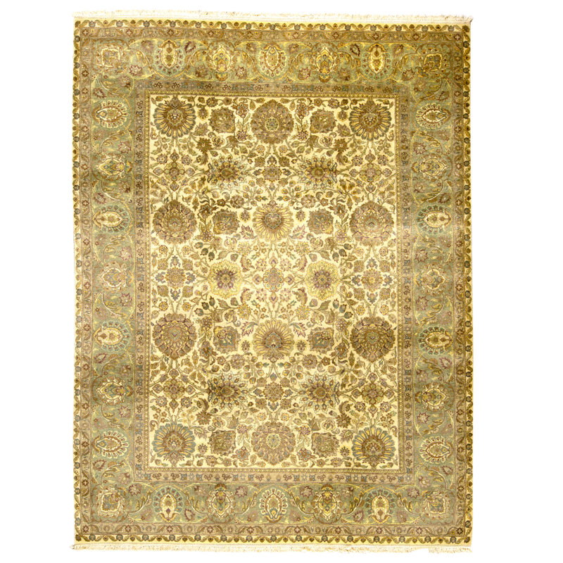 Tapis ivoire et vert noué à la main de haute qualité