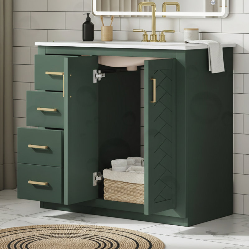 Meuble-lavabo de salle de bain avec lavabo, 3 tiroirs, Vert