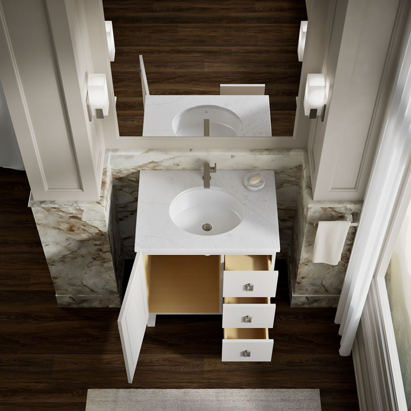 Poplin® 30 po Meuble-lavabo avec pieds de meuble, 1 porte et 3 tiroirs à droite, Blanc lin