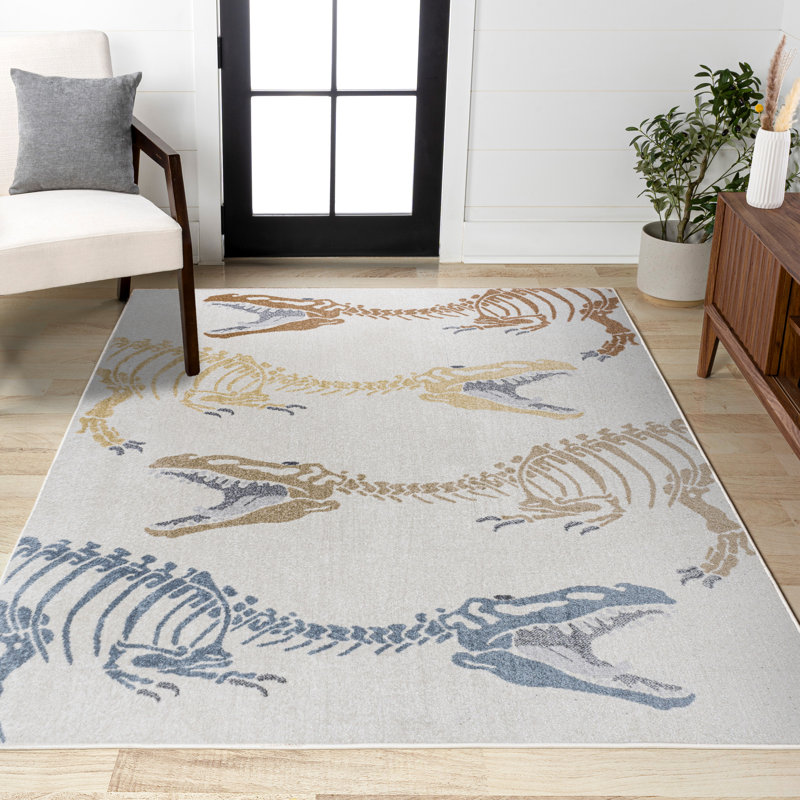Tapis crème / multicolore pour enfants Kingdarr T-Rex, Rectangle 7 pi 10 po x 10 pi, Cream/Multi