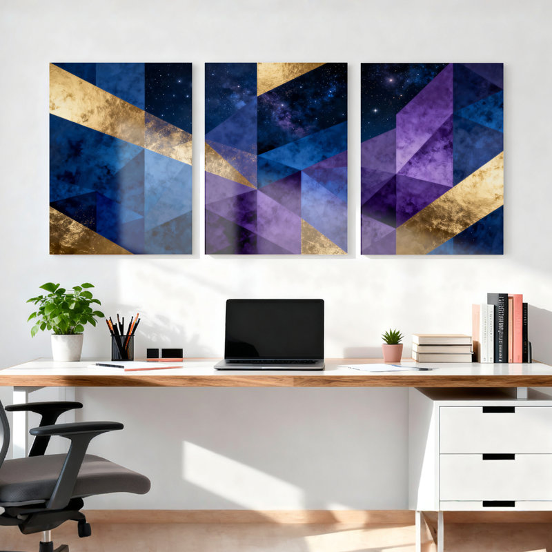 Ensemble de 3 tableaux sur toile à motif géométrique abstrait de galaxie, H 36 po x l 72 po