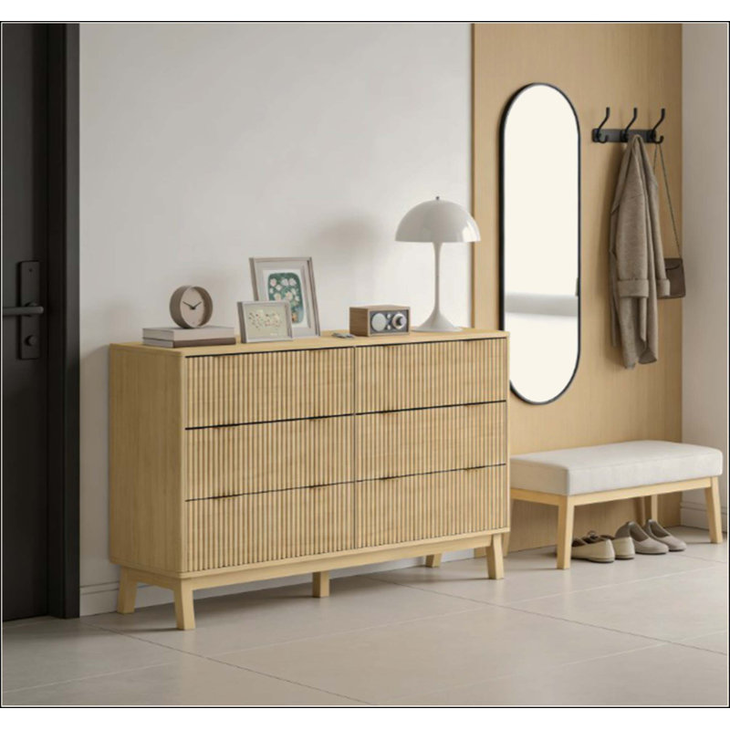 Commode Closet, commode double 6 tiroirs pour la chambre à coucher, Natural Wood