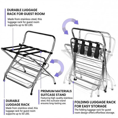 Porte-bagages USTECH à deux niveaux avec porte-valise pliable chromé à haut dossier, porte-bagage d'hôtel, assemblage automatique, structure en métal durable (paquet de 5)