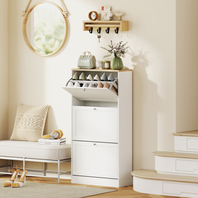 Modern 3 Flip-Drawer Shoe Storage Cabinet, Adjustable Shelves for 12-18 Pairs, Narrow Slim Entryway Organizer with Light Oak Grain Top