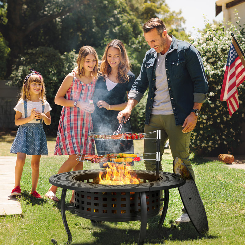 37 Inch Outdoor Fire Pit, 3 in 1 Large Wood Burning Fire Pit, Metal Round Fire Pit Table with Spark Screen Lid, Charcoal Grate & Fire Poker, Heavy Duty Steel Firepit for Patio Backyard Garden BBQ Camping Bonfire