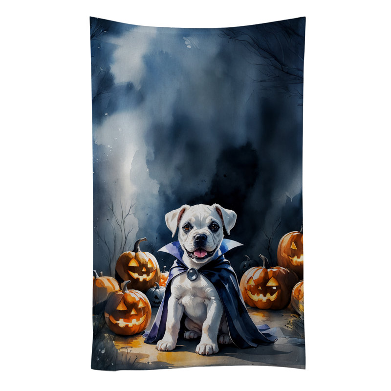 White Boxer Puppy Halloween Kitchen Towel, White Boxer