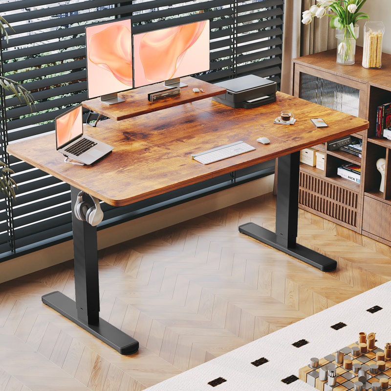 T-Shape Electric Standing Desk With Monitor Stand Memory Smart Pannel Home Office Desk, Black, 160 W x 70 D, Rustic Brown