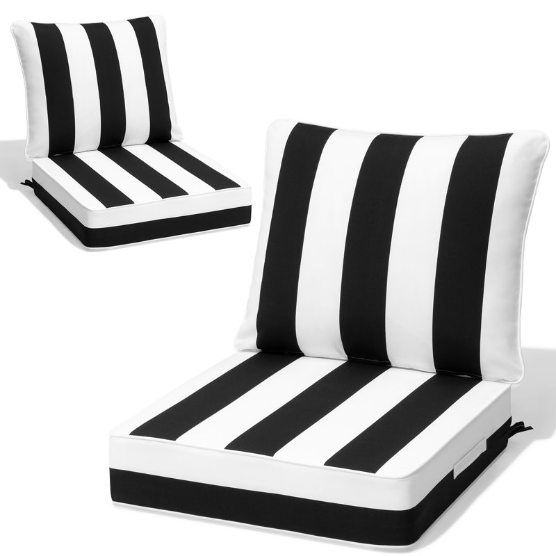 Coussins de siège d'extérieur l 24 po x P 24 po x H 5,5 po, 2, Rayures noires et blanches