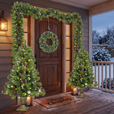 4-Piece Pre-Lit Christmas Decor Set with Artificial Tree, Garland, Wreath & 2 Entrance Trees – Warm White LED Lights, Fire-Resistant PVC for Home and Office Holiday Styling