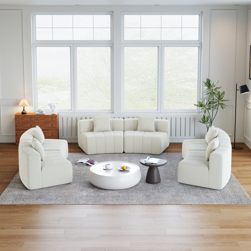 Canapé modulaire incurvé chenille avec 6 coussins Chenille, Beige