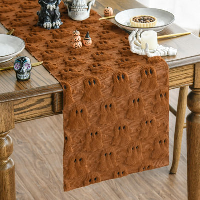 Chemin de table fantôme en fausse fourrure douce caramel, 33 x 183 cm | Décoration de table saisonnière pour la cuisine et les fêtes à la maison, broderie 3D en peluche