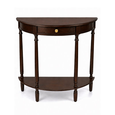  Console demi-ronde Truro, table d'entrée traditionnelle avec tiroir et tablette inférieure, table de vestibule ou de canapé classique pour vestibule, salon, noyer