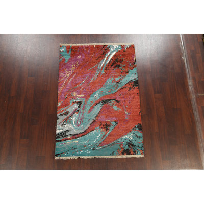 Tapis unique vert / rouge / mauve / beige noué à la main 4 pi 2 po x 6 pi One-of-a-Kind