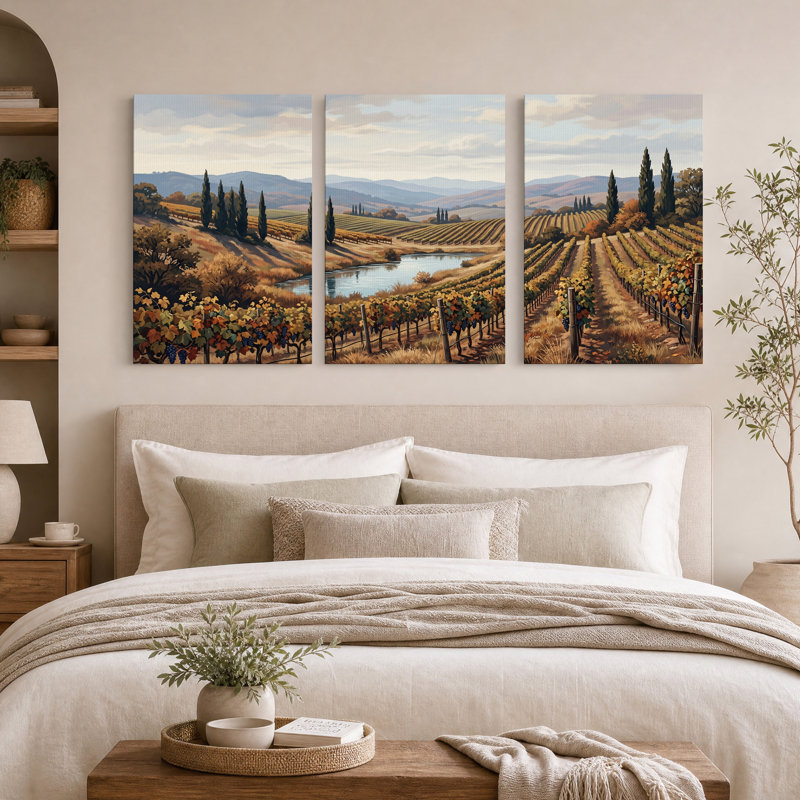 Ensemble de 3 toiles murales représentant des rangées de vignes et des cyprès en automne, 36"H x 24"W x 3pcs