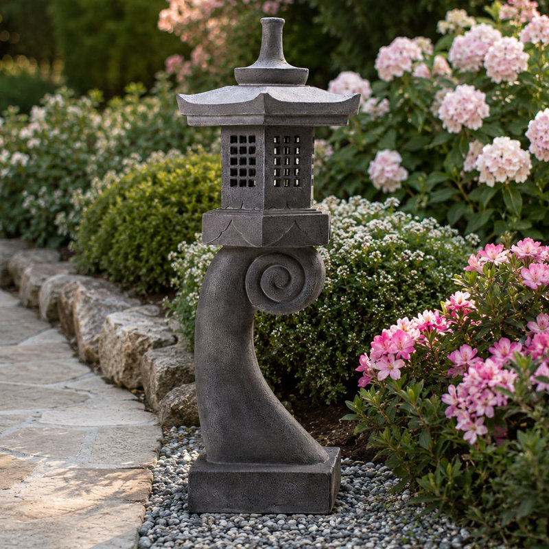 Statue de jardin lanterne en pierre à base courbée