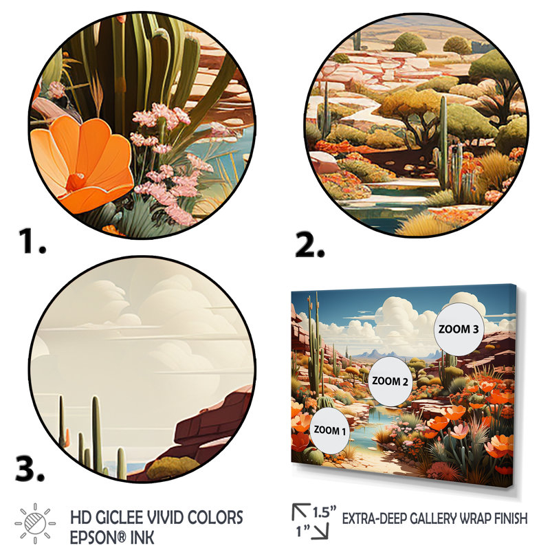 «Native Desert Oasis Blooms I» - art mural désert, H 34 po x l 44 po x P 1,5 po, Cadre d'angle fermé noir