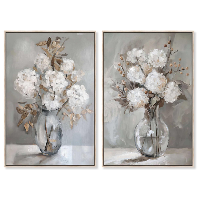 Oliver Gal Ghostly White Flower Set Floral and Botanical - Heavy Gel Top Coat Framed Canvas Art, 37" H x 25" W, Cream