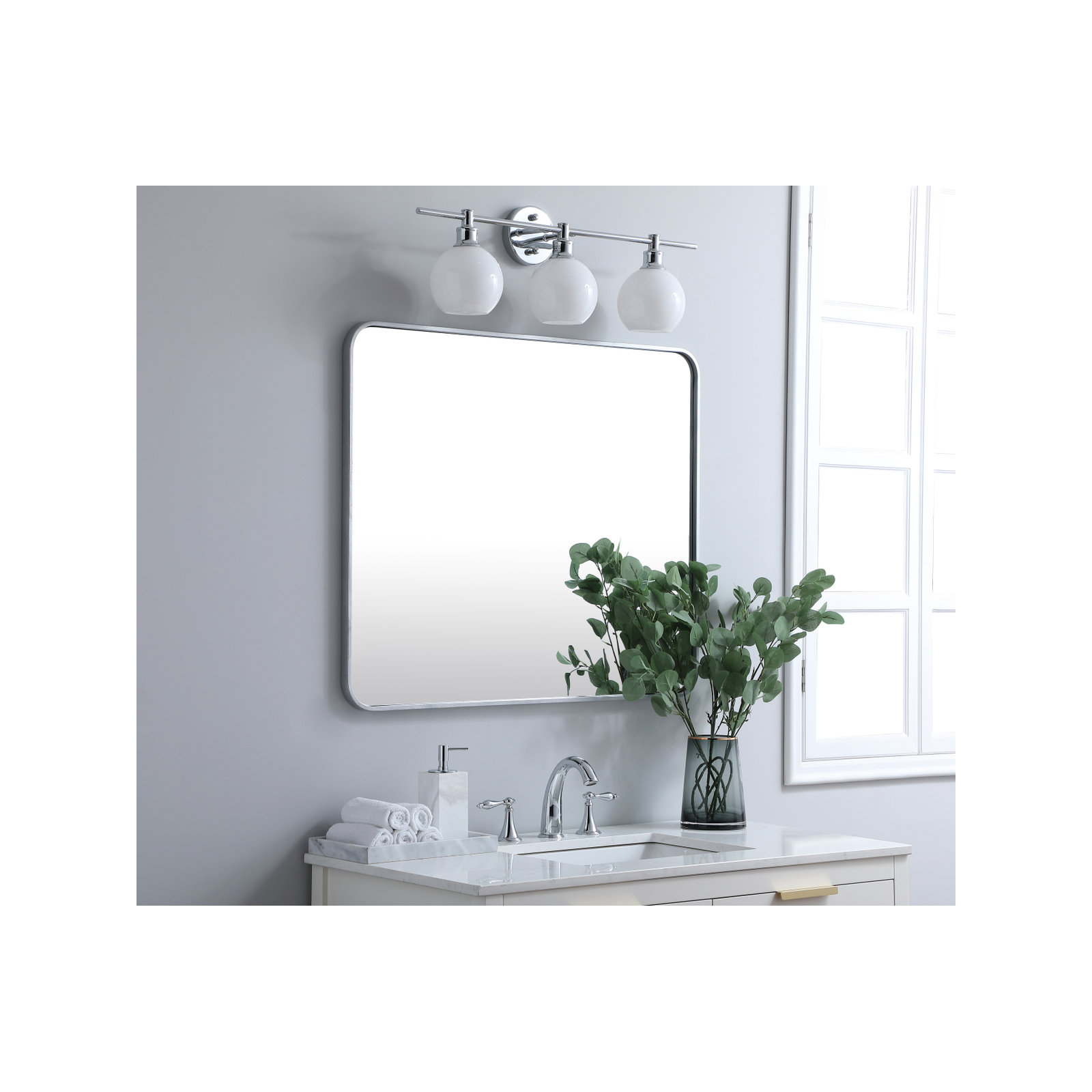 Sabine Metal Rounded Rectangle Wall Mirror, Silver, 36" x 30"