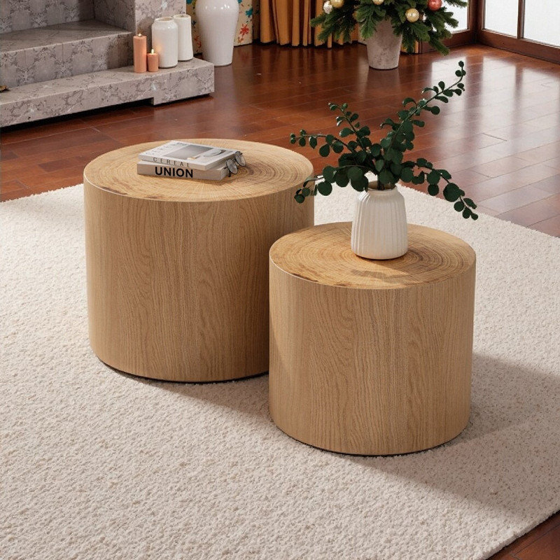Ensemble de 2 tables d'appoint rondes en bois, Bois naturel