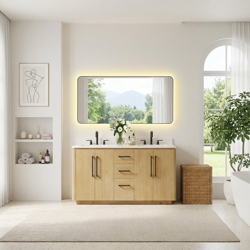 Meuble-lavabo double 60 po Iberia en brun naturel avec grain de pierre blanc