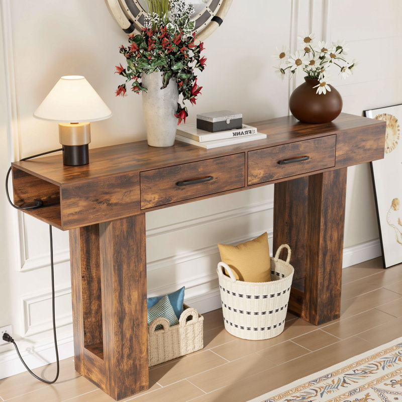 Console rectangulaire en bois de style campagnard de 63 po, derrière le canapé, Brun