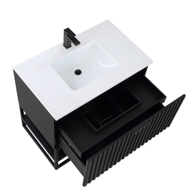 Terra 36'' Single Bathroom Vanity with Top, White Quartz/Single Faucet Mount, Midnight Black, Matte Black