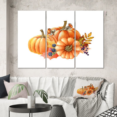 " Pumpkin And Birds On White " 3 - Pieces Painting Print