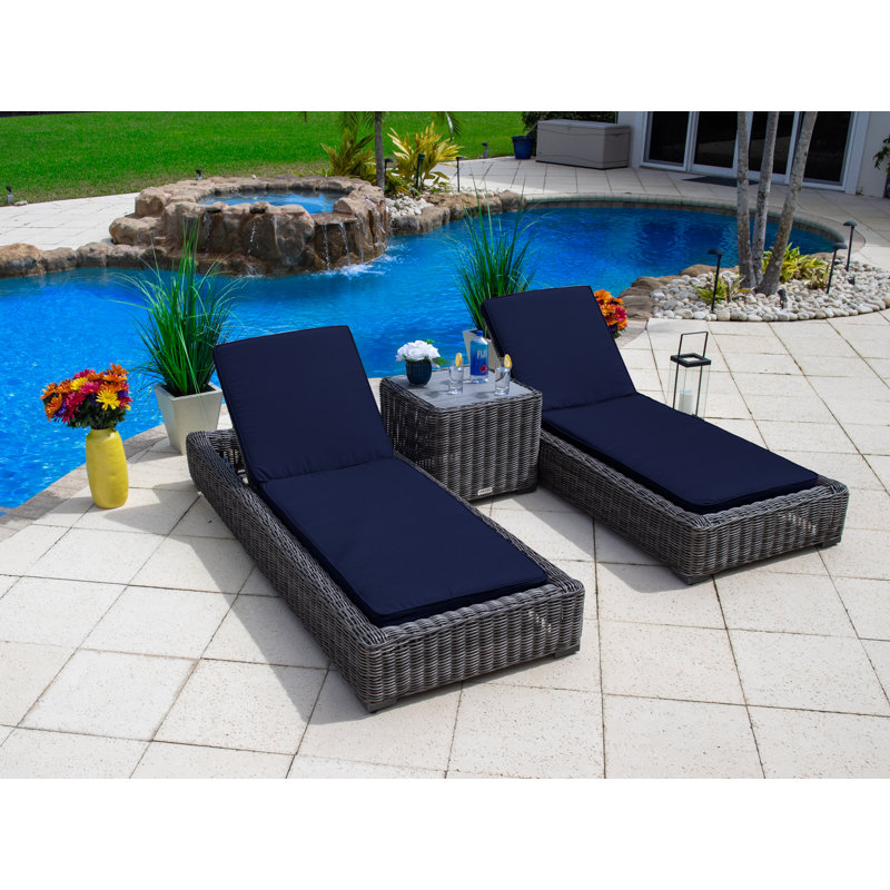 Malmo Collection In Gray Outdoor Metal Chaise Lounge with Table , Sunbrella Cushion Included, Sunbrella Navy, Gray