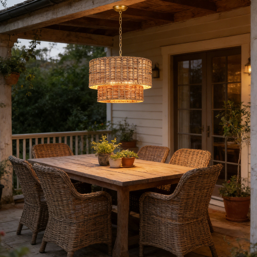 Kaetlin 5 - Light 2-Tier Bohemian Drum Natural Rattan Chandelier-18.9"W x 76"H House of Hampton® Base