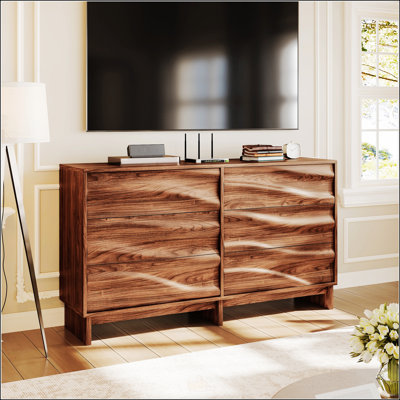 Buffet spacieux à 6 tiroirs en noyer avec grain ondulé, idéal pour un rangement élégant et fonctionnel dans n'importe quelle pièce.