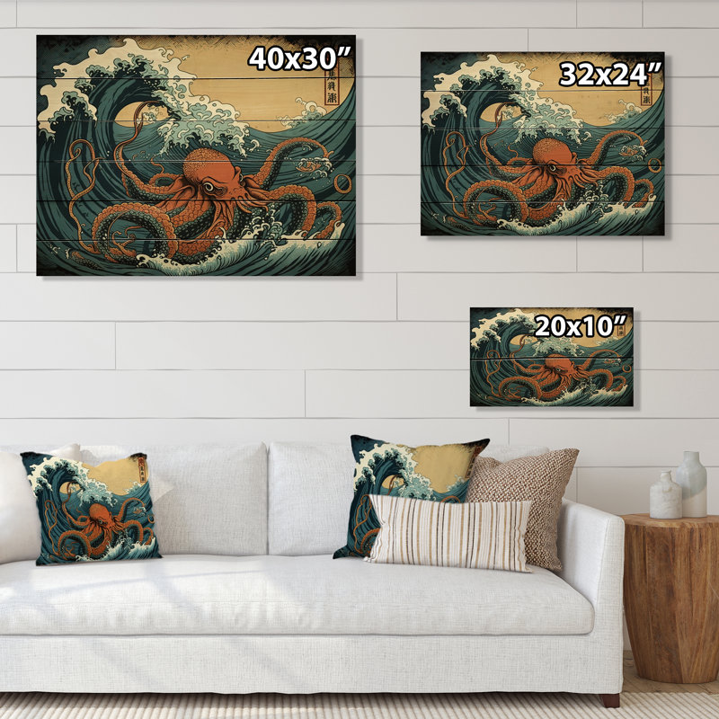 Paysage japonais Vitiello avec pieuvre III - impression sur bois sans cadre, H 24 po x l 32 po x P 1 po