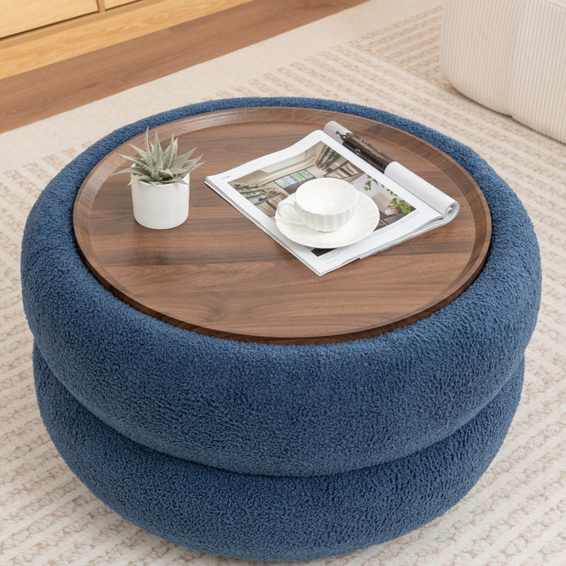 Upholstered Round Storage Ottoman, Navy