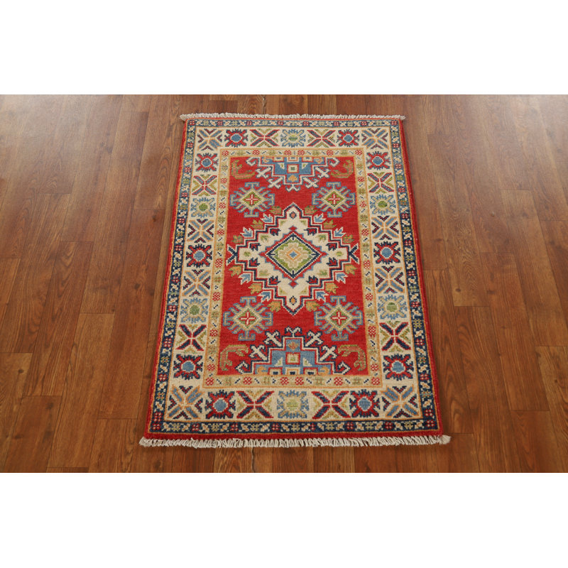 Tapis décoratif oriental fait à la main rouge Kazak 2x3